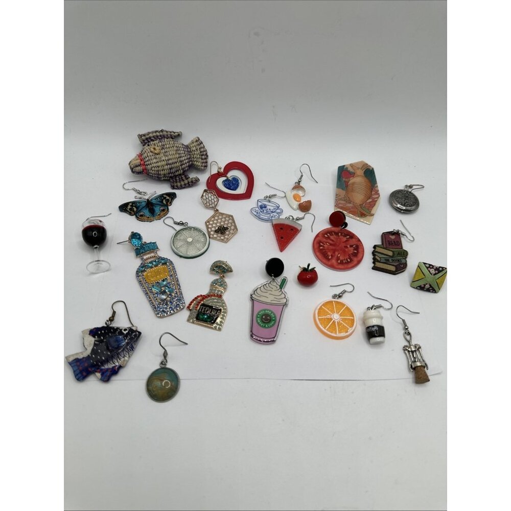 Lot Of 22 whimsical Single Earrings Pierced Food Alcohol Animals  Art Mismatch